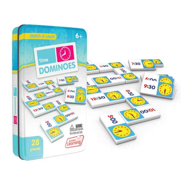 Blue tin box next to white domino tiles featuring colorful analog clock faces and matching digital times.