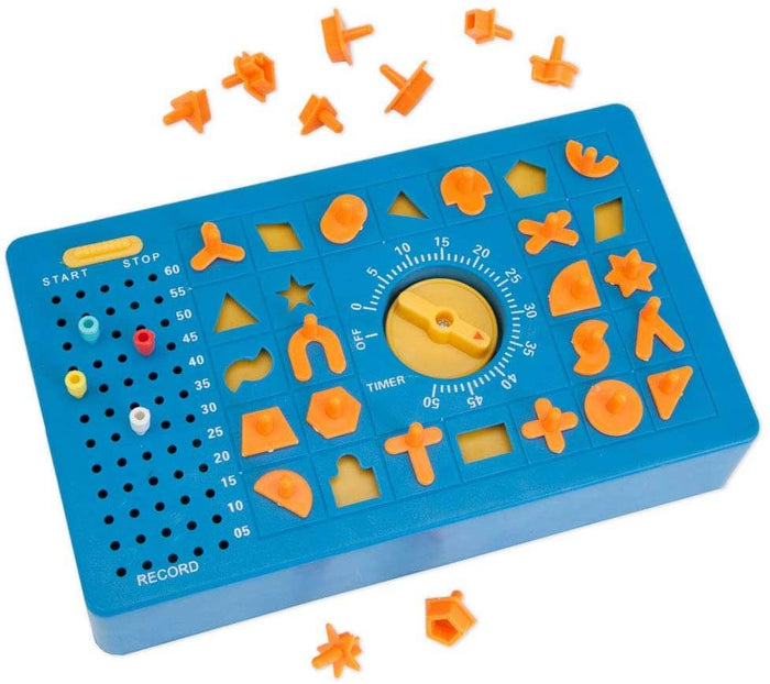 Blue board game with a yellow timer dial and various orange geometric shapes scattered on and around it.