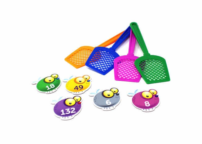 Four plastic fly swatters in orange, blue, pink, and green with five numbered cartoon fly game pieces.