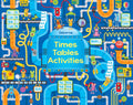 Vibrant blue illustration of robots in a factory with multiplication equations and the title Times Tables Activities.