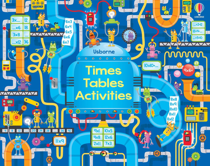 Vibrant blue illustration of robots in a factory with multiplication equations and the title Times Tables Activities.