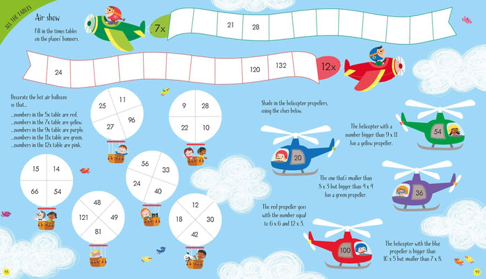 Colorful math activity page with multiplication games featuring illustrated planes, hot air balloons, and helicopters.
