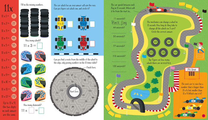 Racing-themed activity pages with multiplication tables, a circular maze, and a colorful illustrated race track.