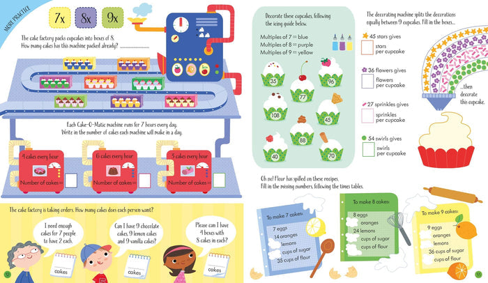 Colorful activity book spread with cake factory multiplication puzzles, cupcake challenges, and math-themed recipes.