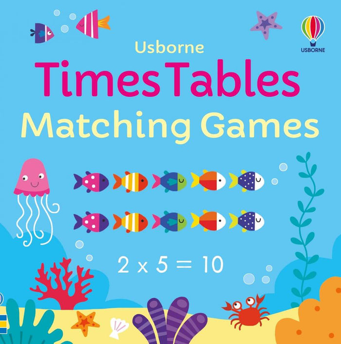Underwater scene with pink jellyfish, orange crab, and two rows of five colorful fish illustrating 2x5=10.