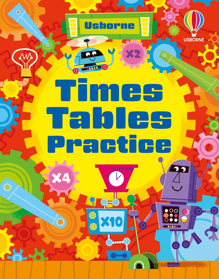 Brightly illustrated book cover featuring robots and colorful interlocking gears on a vibrant yellow and red background.