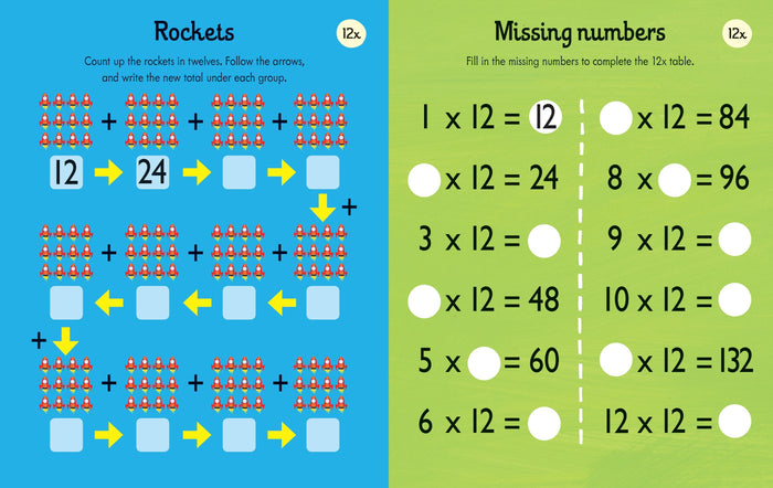 Blue and green workbook pages showing rocket-themed addition and 12 times table multiplication practice.