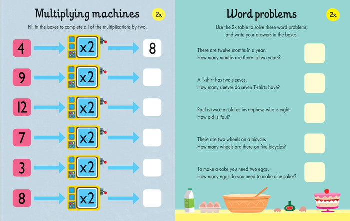 Colorful math activity book pages with multiplication machines, word problems, and baking illustrations.