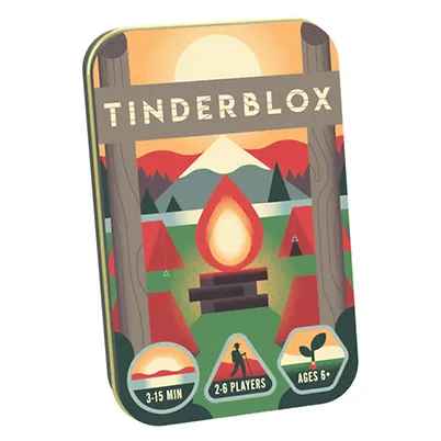 Rectangular game tin with camping illustration of a campfire, tents, and mountains. Tinderblox name on a wooden sign.