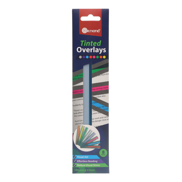 Pack of 8 colorful tinted overlays in a blue box showing fanned strips and an overlay highlighting a line of text.