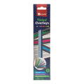 Pack of 8 colorful tinted overlays in a blue box showing fanned strips and an overlay highlighting a line of text.