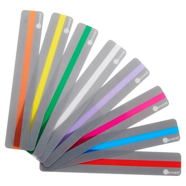 Eight gray rectangular reading overlays fanned out, each with a different colored translucent stripe down the center.