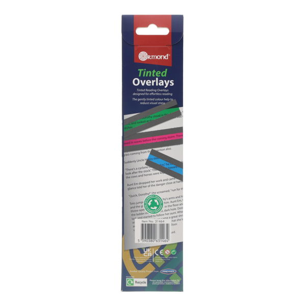Slim blue packaging for tinted reading overlays showing translucent green, pink, and blue strips over printed text.
