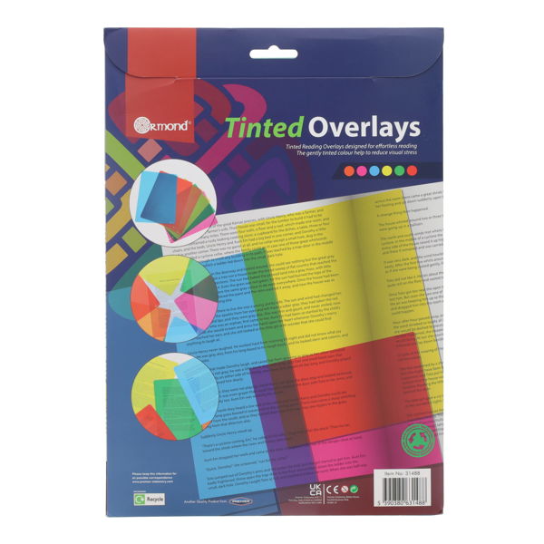 Blue package of six transparent reading overlays in bright colors shown layered over a page of printed text.