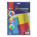 Blue package of six transparent reading overlays in bright colors shown layered over a page of printed text.