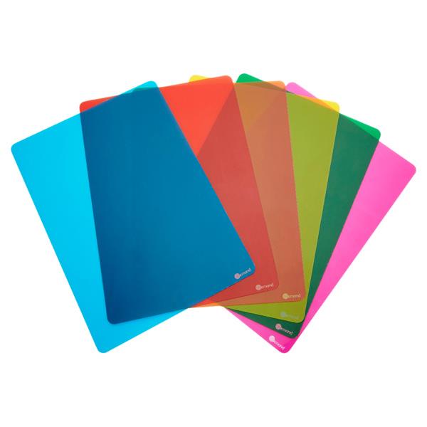 Six translucent, rectangular plastic sheets in a fan of vibrant colors including blue, red, orange, green, and pink.