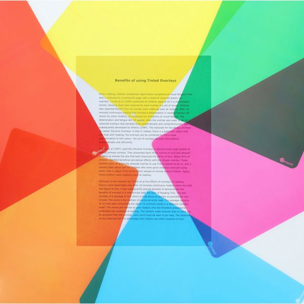 Six colorful, translucent A4 sheets fanned out around a central page of printed text on a white background.