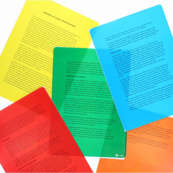Transparent rectangular A4 overlays in yellow, green, blue, red and orange layered over printed text.