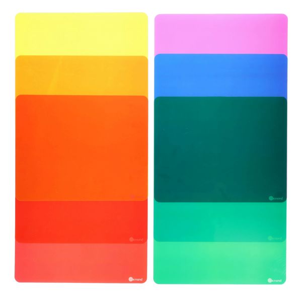Two stacks of colorful, translucent A4 sheets in shades of yellow, orange, red, pink, blue, and green.
