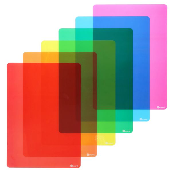 Six transparent tinted overlays in red, orange, yellow, green, blue, and pink fanned out diagonally.