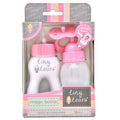 Pink and white toy doll feeding set with two magic bottles and a pacifier in a striped cardboard display box.