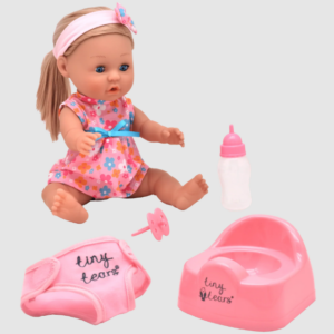 Doll with long hair in a pink floral dress, accompanied by a pink potty, diaper, feeding bottle, and pacifier.