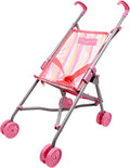 Pink striped doll stroller with a grey metal frame and bright pink plastic handles and wheels.