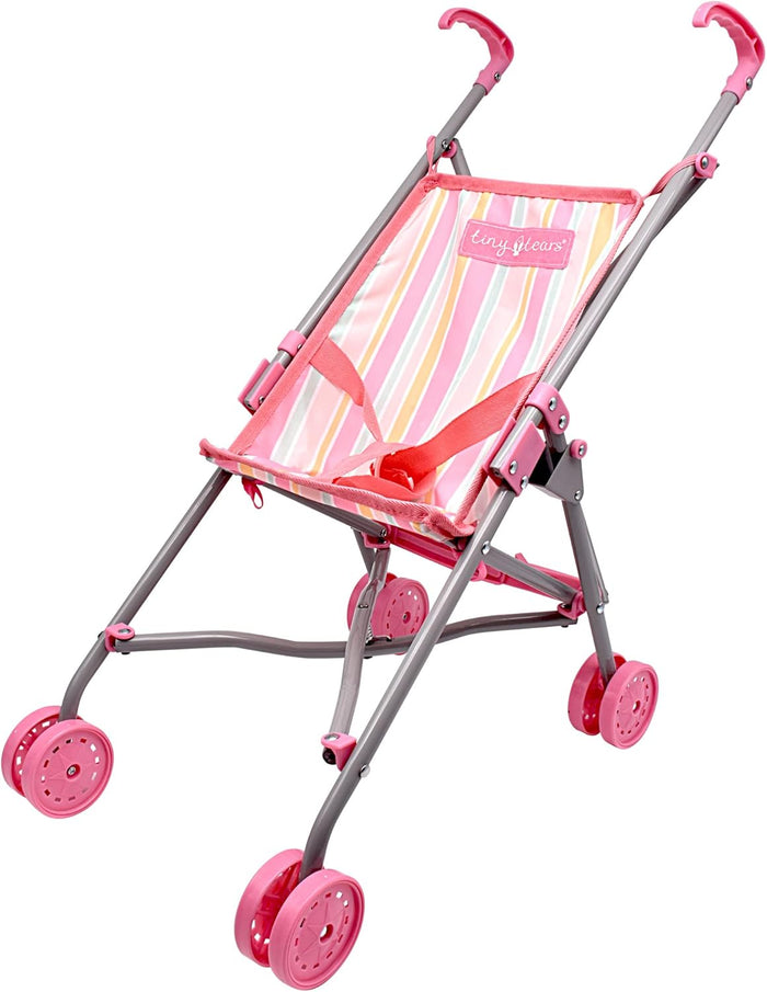 Pink striped doll stroller with a grey metal frame and bright pink plastic handles and wheels.