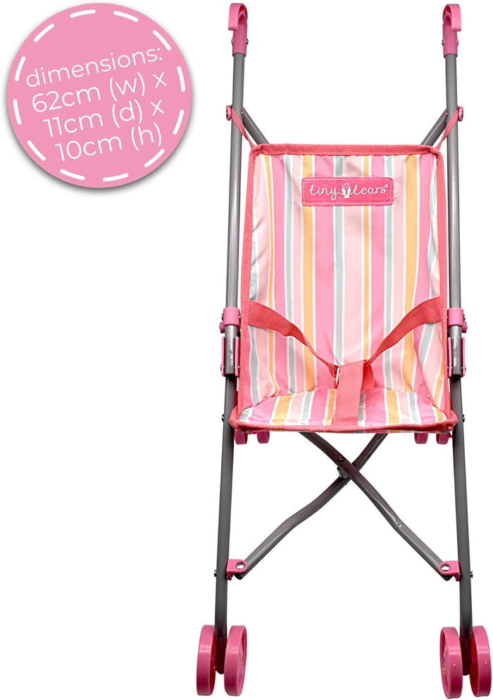 Pink and white striped toy doll stroller with a grey metal frame, pink wheels and handles, and a safety strap.