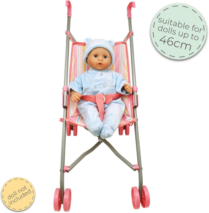 Pink and grey toy stroller with striped seat. Text notes it fits dolls up to 46cm and the doll is not included.