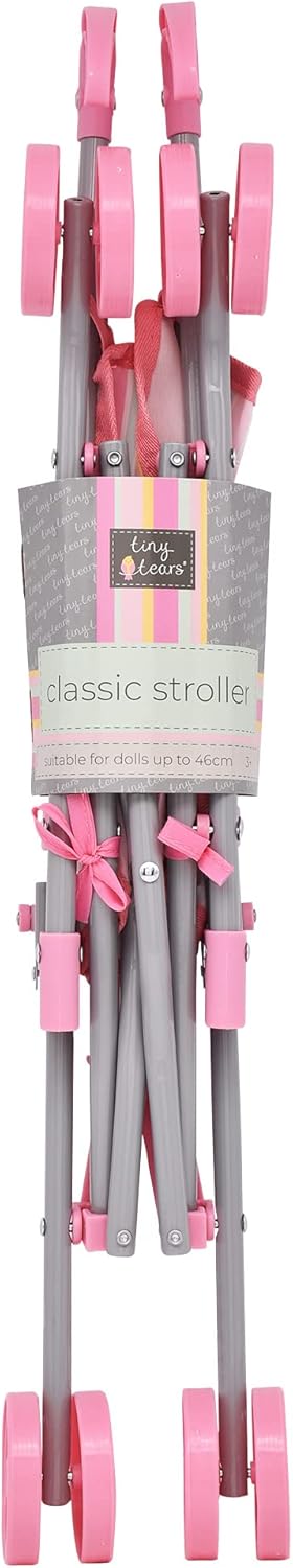 Folded grey toy stroller with pink handles and wheels, featuring a pink and yellow brand sleeve around the metal frame.
