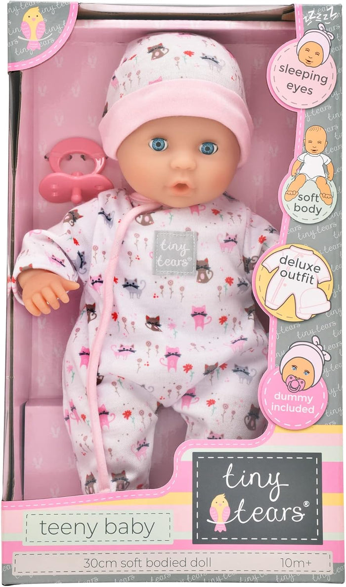 12-inch baby doll with blue eyes in a pink cat-print romper and hat, in a pink box with a matching dummy.