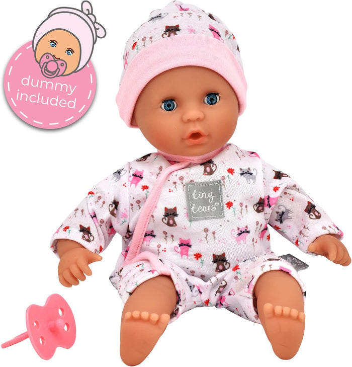 Blue-eyed baby doll in pink cat-print onesie and hat, featuring a matching pink dummy pacifier.