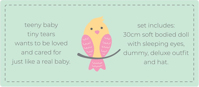 Light green card with a yellow bird and text describing a 30cm soft doll set with sleeping eyes and accessories.