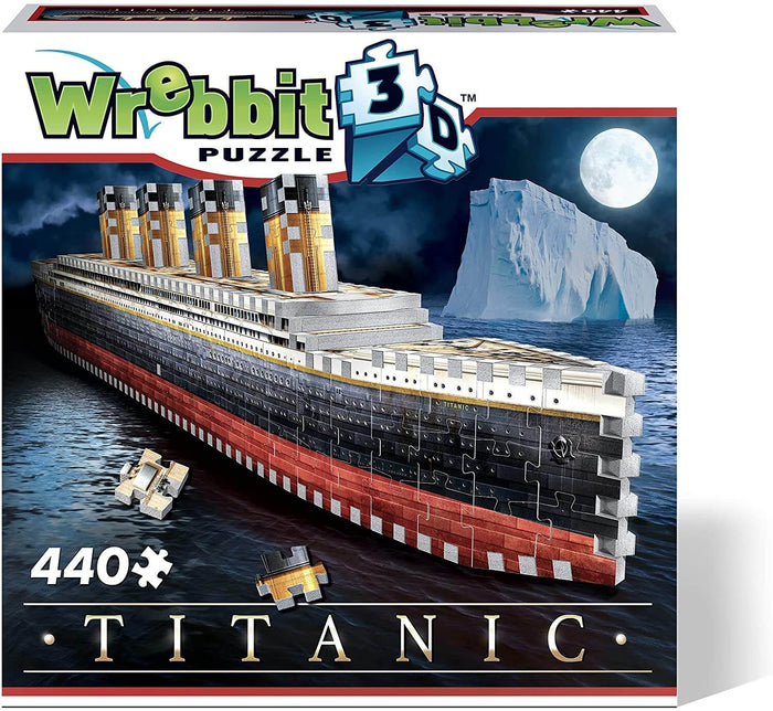 Box for a 440-piece 3D Titanic puzzle showing a black and red ship model at night near an iceberg and full moon.