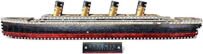 Detailed 3D ship puzzle with a red and black hull, four yellow smokestacks, and a Titanic Liverpool nameplate.