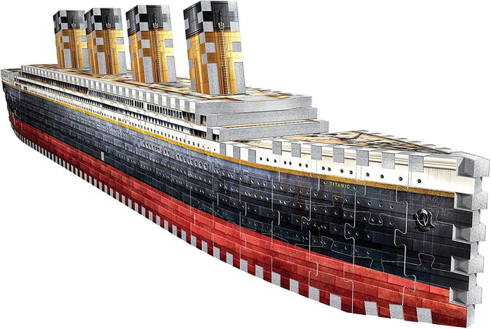 Assembled 3D foam Titanic ship puzzle with a red and black hull, white decks, and four tall yellow smokestacks.