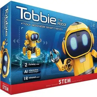 Blue STEM box for Tobbie The Robot, featuring a yellow six-legged interactive toy with glowing blue eyes.