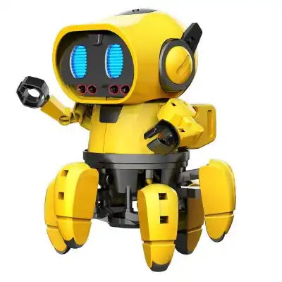 Yellow toy robot with a large head, glowing blue eyes, six legs, and black claw hands.