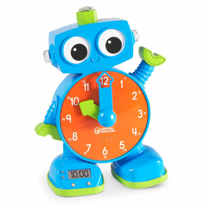 Blue robot toy clock with orange analog face, large eyes, and a digital display on its foot showing 10:00.