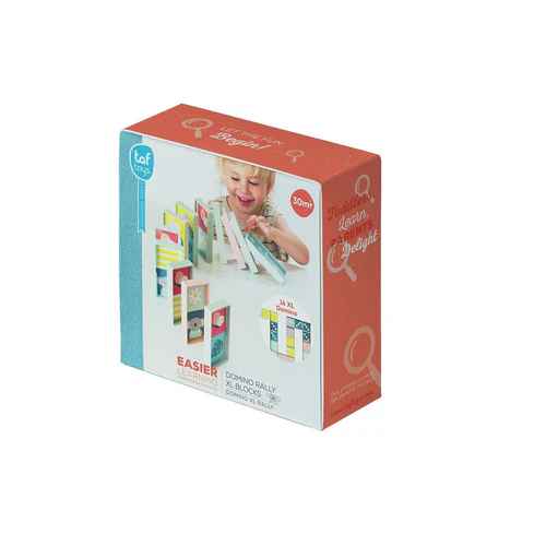 Teal and orange box featuring a toddler playing with large, colorful, patterned domino blocks.