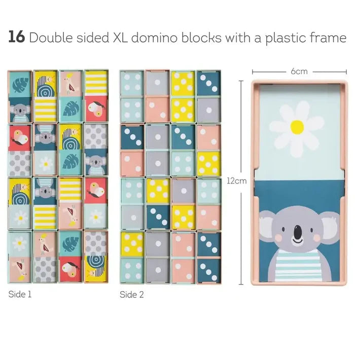 16 colorful double-sided XL dominoes with animal and dot graphics, shown in a pink plastic frame with dimensions.