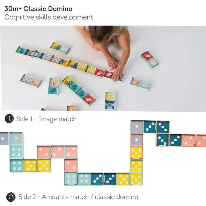 Double-sided toddler dominoes featuring colorful animal illustrations and classic dot patterns in pastel colors.