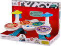 Hape toy drum kit in red box with four colorful animal pads, blue legs, and yellow and blue cymbals.