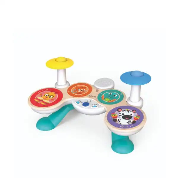 Wooden toy drum kit with four colorful animal-themed pads, yellow and blue cymbals, and teal legs.