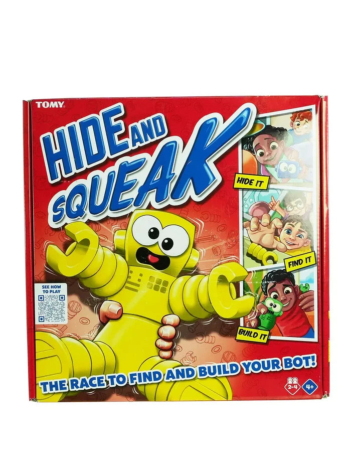 Red game box with a smiling yellow robot and illustrations of children hiding, finding, and building game pieces.