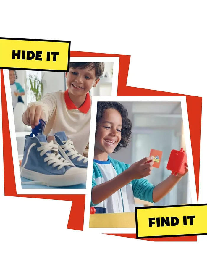 Children hide a blue robot toy in a shoe and find a red robot. Graphics show HIDE IT and FIND IT.