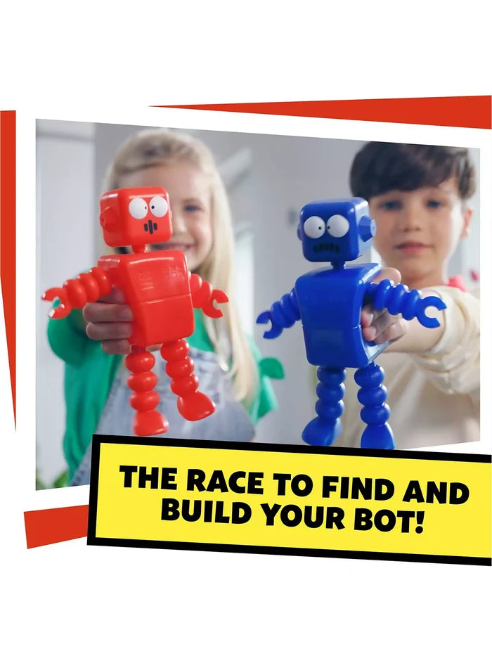 A boy and girl hold red and blue toy robots. Text: THE RACE TO FIND AND BUILD YOUR BOT!