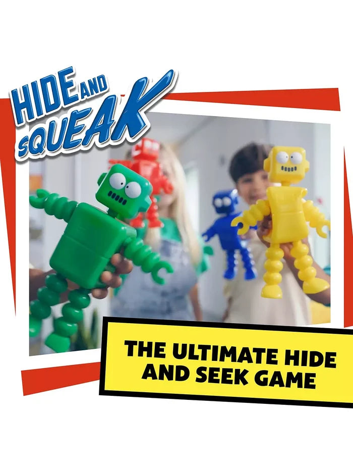 Four colorful robots with boxy heads, large eyes, and accordion limbs in green, yellow, blue, and red, held by kids.
