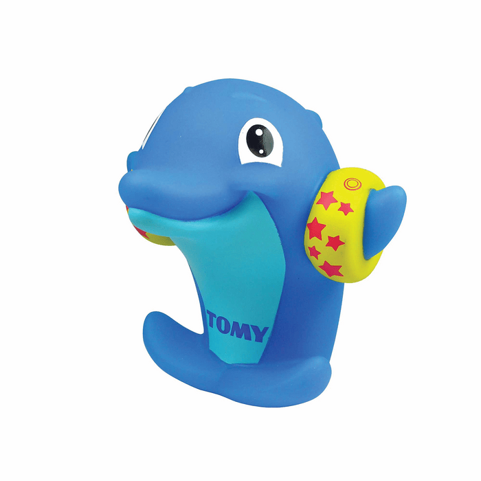 Blue cartoon dolphin bath toy with light blue belly, yellow armbands with red stars, and the TOMY logo.